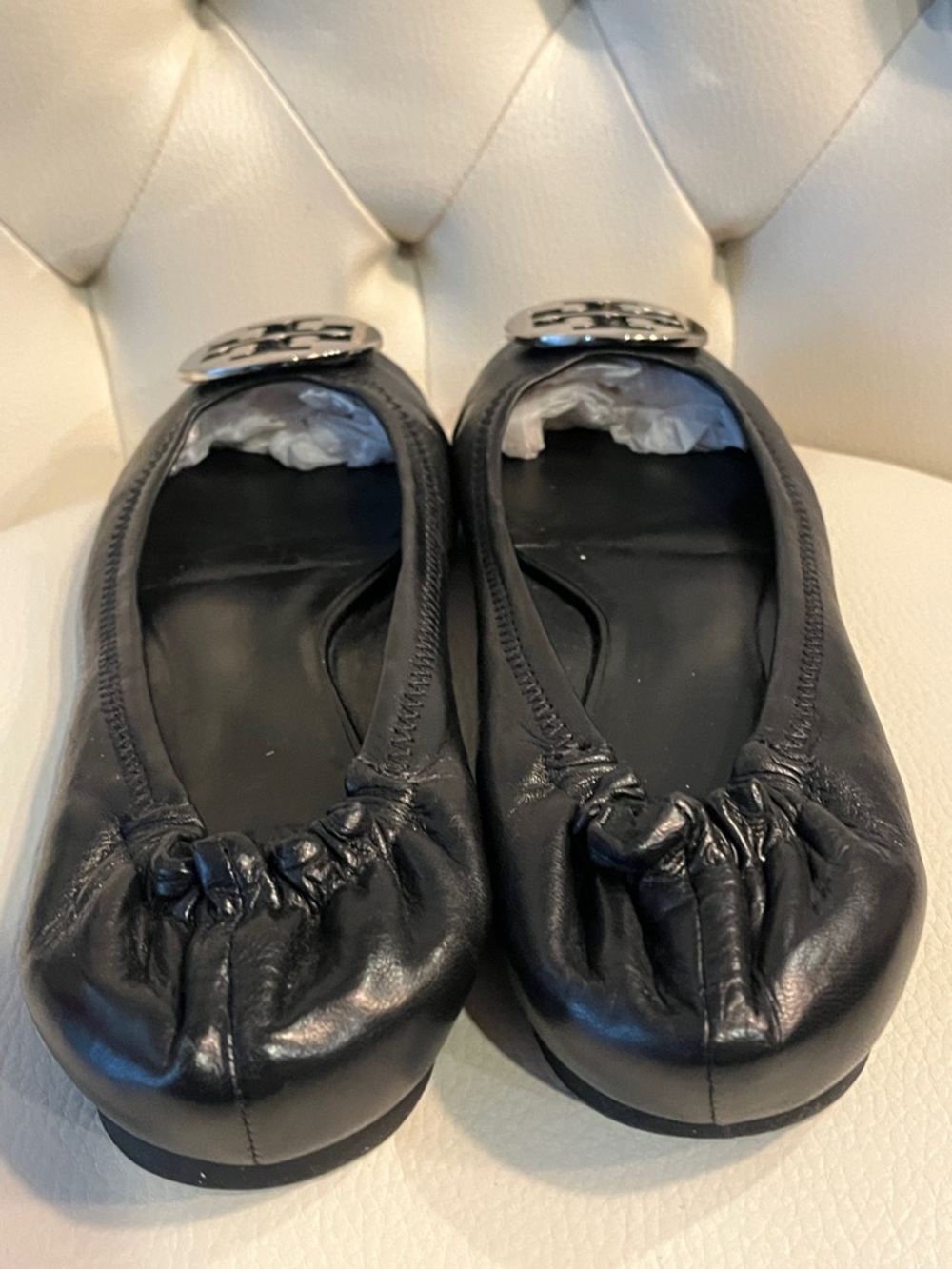 Tory Burch Black Leather Logo Round-Toe Ballet Flats MINT Size 8.5 - Picture 6 of 11